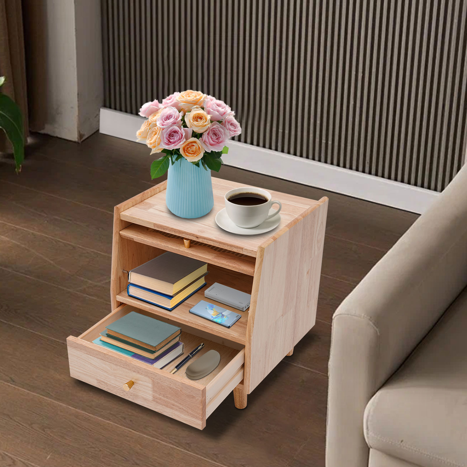 Office Furniture For Small Spaces - Двухуровневая прикроватная тумбочка из каучукового дерева